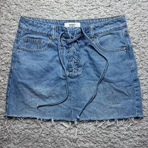 Forever 21 Skirt Womens Small Mini Lace Up Raw Hem Frayed Pockets Casual Denim